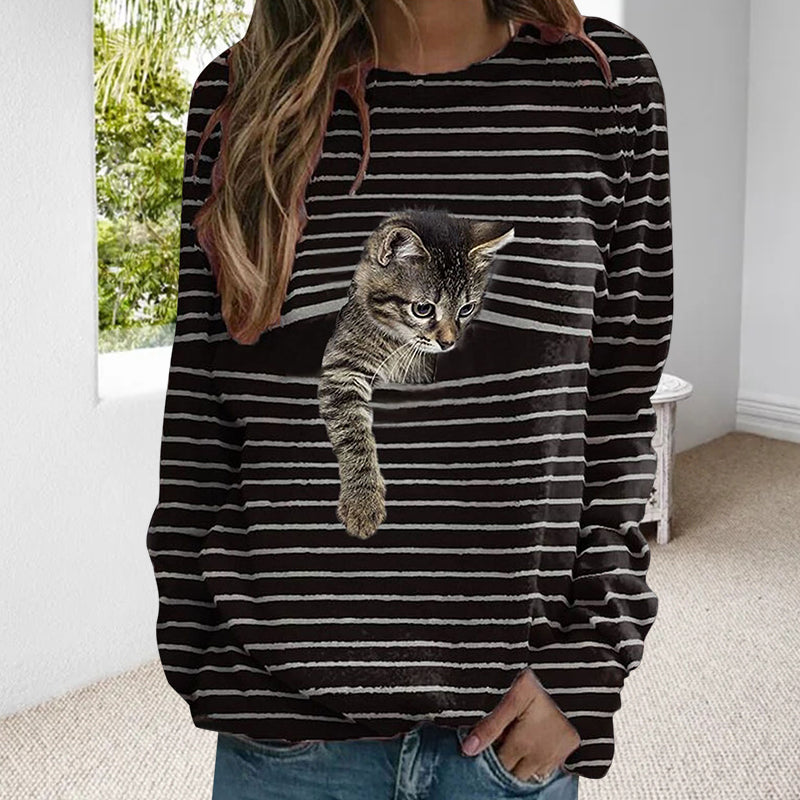 Gestreiftes T-Shirt mit Katzen-Print