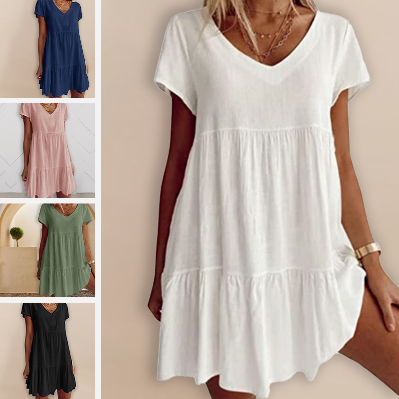 Lässiges Kurzarm-Webkleid mit V-Ausschnitt