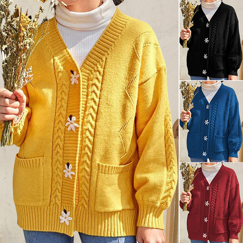 Langärmliger Blumenpullover mit V-Ausschnitt