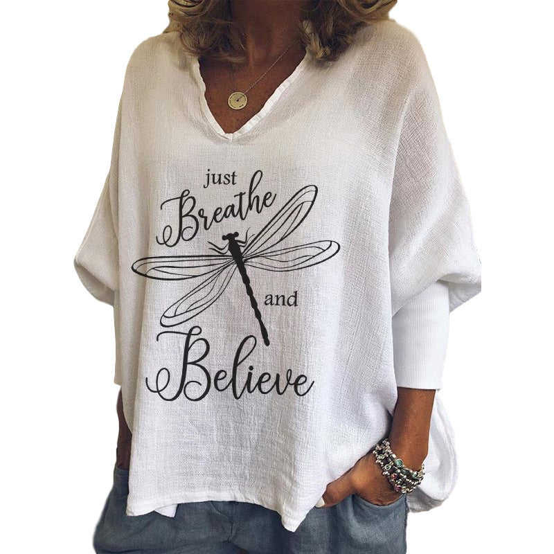 Damen lockeres langärmliges T-Shirt mit Libelle mit V-Ausschnitt