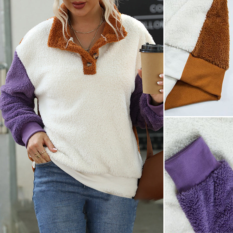 Lockerer Langärmliger Plüschpullover mit Rundhalsausschnitt und Farbblock
