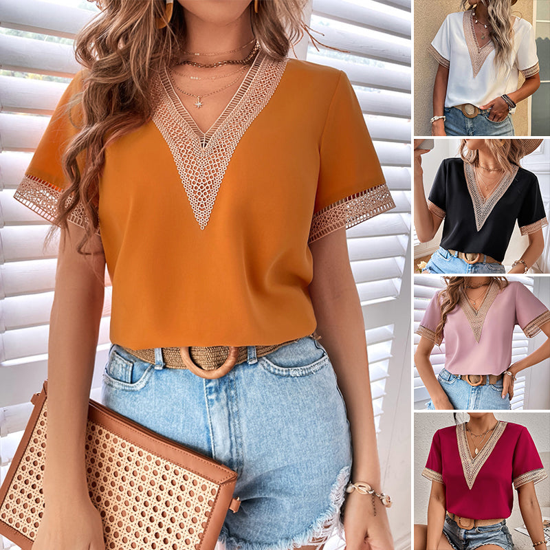 Einfarbiges Spitzen-T-Shirt mit V-Ausschnitt