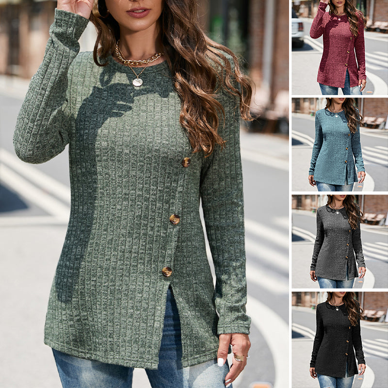 Geschlitzter Strickpullover mit Rundhalsausschnitt für Damen