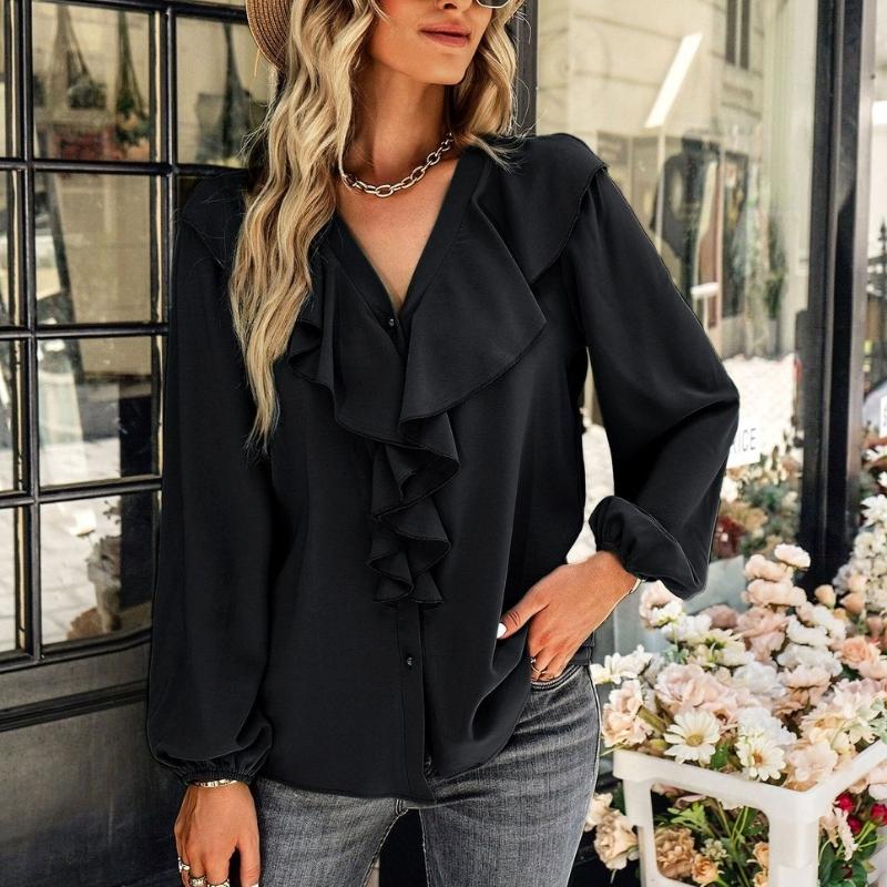 Long Sleeve Flounce Chiffon Blouses