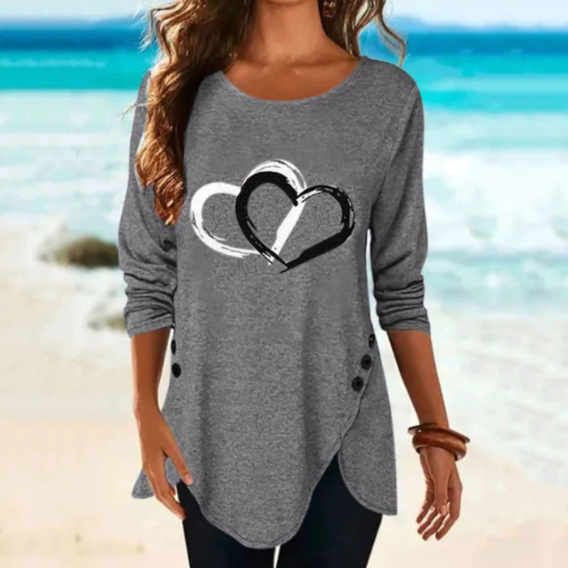 Unregelmäßiges langärmliges T-Shirt mit Herzdruck für Damen