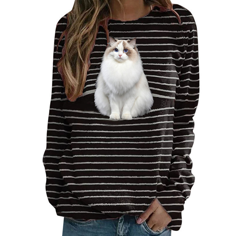 Gestreiftes T-Shirt mit Katzen-Print