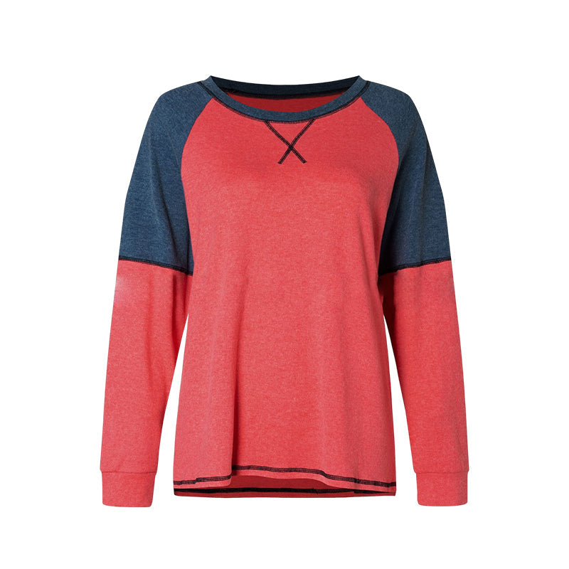 Rundhalsausschnitt langärmeliger Zweifarbiger T-Shirt