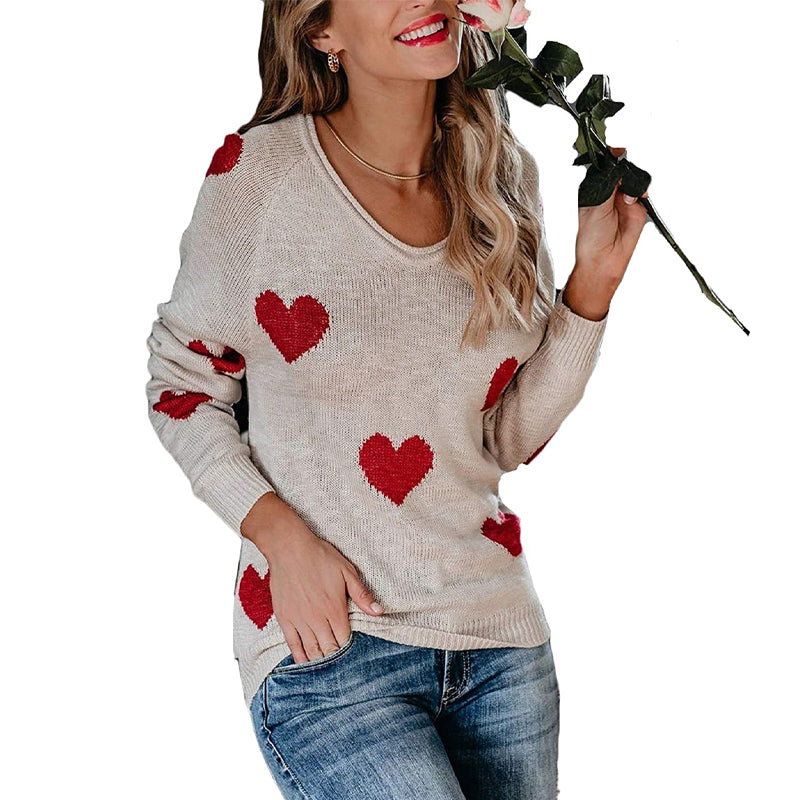 Herz V-Ausschnitt Strick Langarm Pullover
