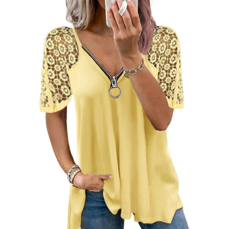 Elegantes Kurzärmliges Einfarbiges Lockeres T-shirt mit Reißverschluss
