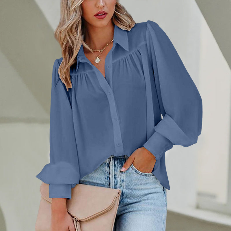 Balloon Sleeve Pleated Stand Collar Loose Shirt