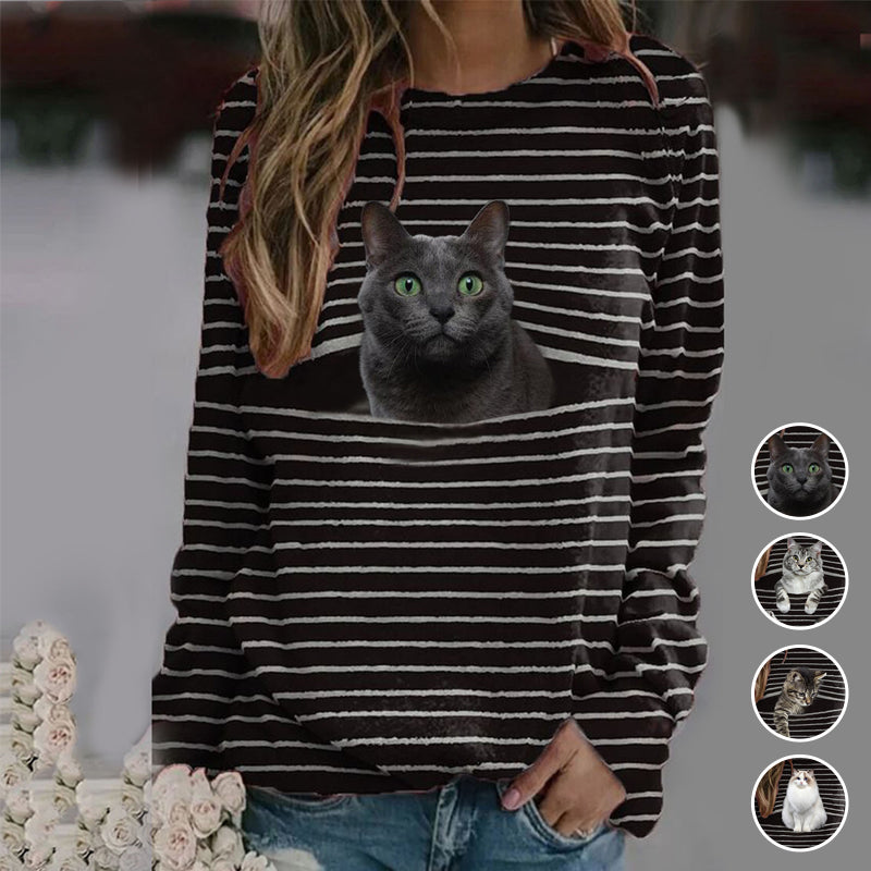 Gestreiftes T-Shirt mit Katzen-Print