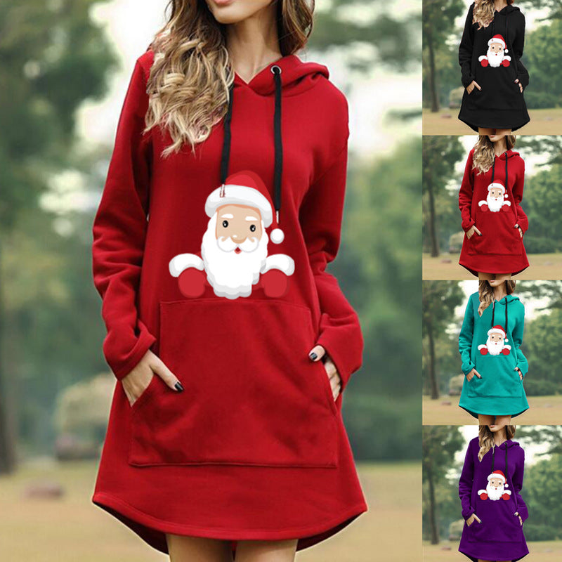 Langärmliges Pulloverkleid mit Kapuze und Weihnachtsdruck