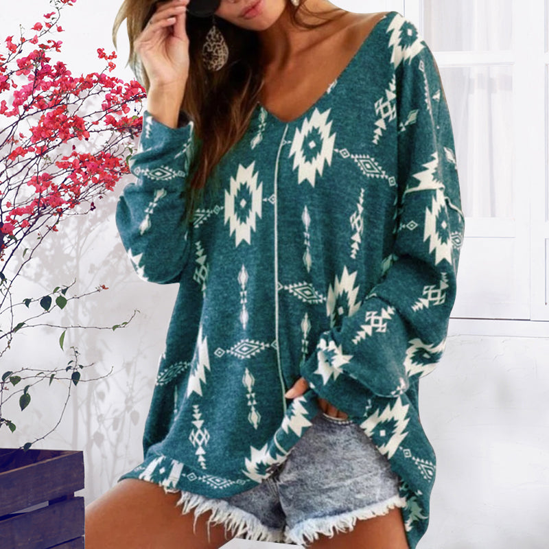 Print V Neck Long Sleeve Sweatshirt