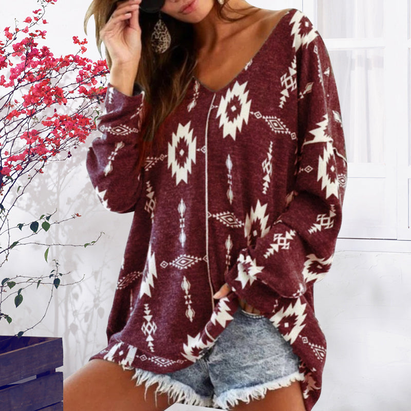 Print V Neck Long Sleeve Sweatshirt