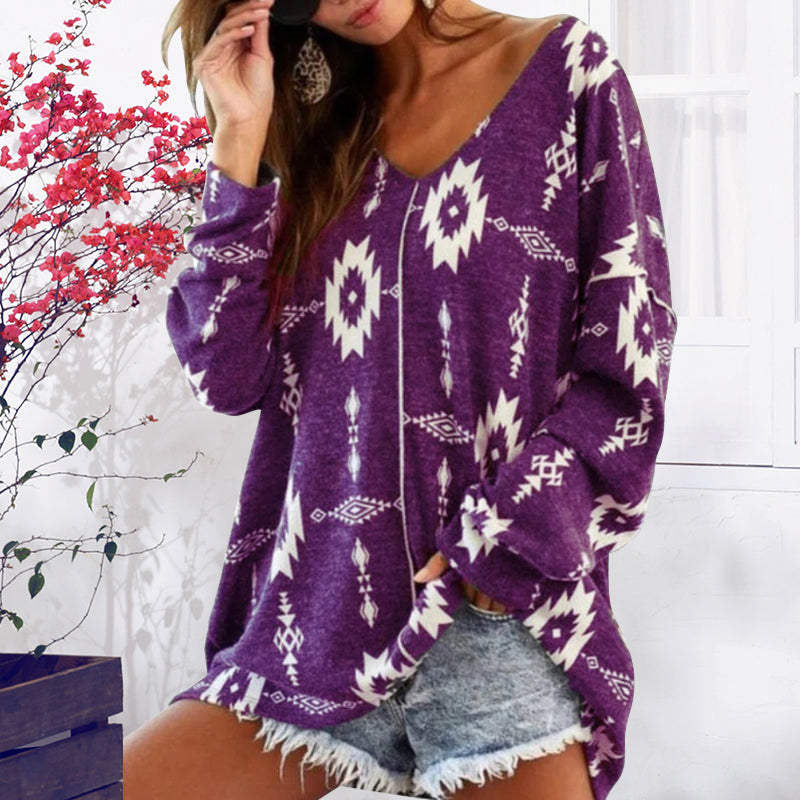 Print V Neck Long Sleeve Sweatshirt