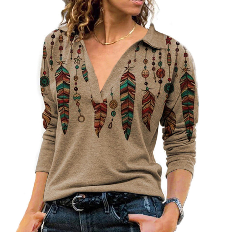 Damen Bedrucktes Langärmliges T-Shirt mit V-Revers