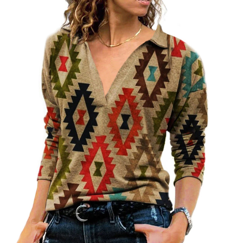 Damen Bedrucktes Langärmliges T-Shirt mit V-Revers